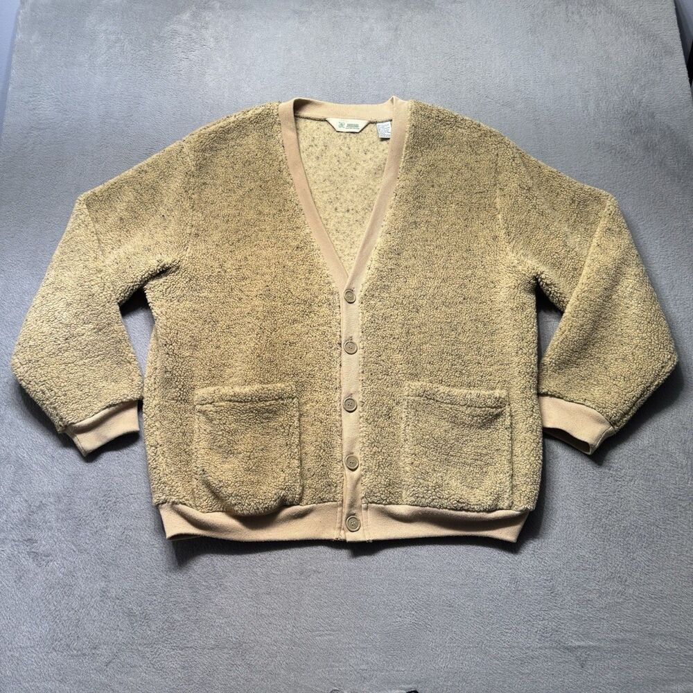 Haband Mens Large Sherpa Fleece Cardigan Tan Button Front Pockets Cozy EUC